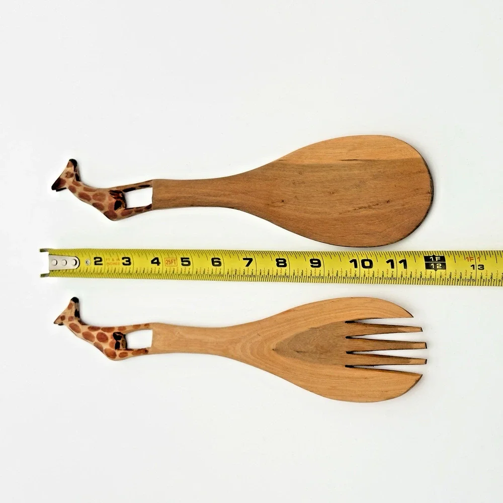 Hand Carved Wood Giraffe Salad Spoon Fork Server